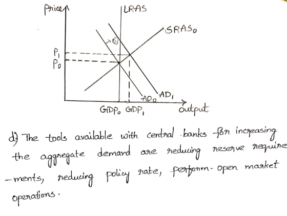 Phe LRAS SRAS, Po AD GDPo GDP,output d) The tols availoble voith cenral haks -fo inceasing lable w irn atedema nm- open maaket dutirg Polit! hate, forr -ments, e 5) opiatons