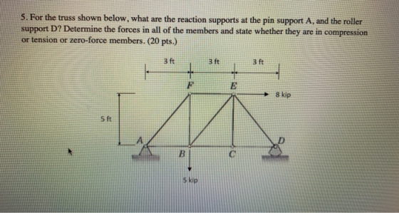 5. For the truss shown below, what are the reaction supports at the pin support A, and the roller support D? Determine the fo
