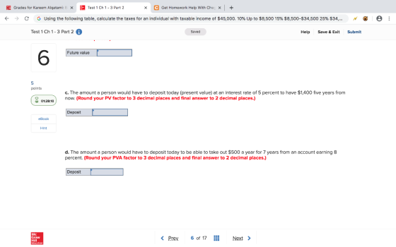 E Grades for Kareem Algatami: B x Test 1 Ch 1 - 3 Part 2 X C Get Homework Help With Cheç x + € → C G Using the following tabl