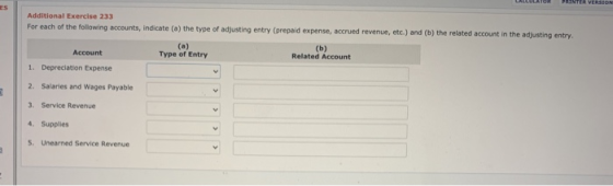 PRINTER VERSION ES Additional Exercise 233 For each of the following accounts, indicate (a) the type of adjusting entry (prep