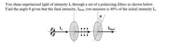 You shine unpolarized light of intensity I, through a set of a polarizing filters as shown below. Find the angle e given that