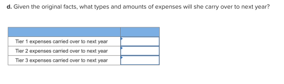 d. Given the original facts, what types and amounts of expenses will she carry over to next year? Tier 1 expenses carried ove
