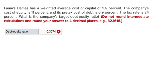 Famas Llamas has a weighted average cost of capital of 9.6 percent. The companys cost of equity is 11 percent, and its pret