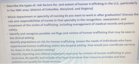 Describe the types of risk factors for, and extent of human trafficking in the U.S., particularly in the DMV area. (District