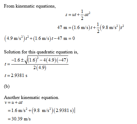From kinematic equations 47 m (1.6 m/s)1+-9.8 m/s)r (4.9 m/s*)t2+ (1.6 m/s)t-47 m Solution for this quadratic equation is, 1.61.6) -4(4.9)(-47) 2(4.9) t-2.9381s Another kinematic equation. v=u+at = 1.6 mis (9.8 mis*)(2.9381 sl -30.39 m/s