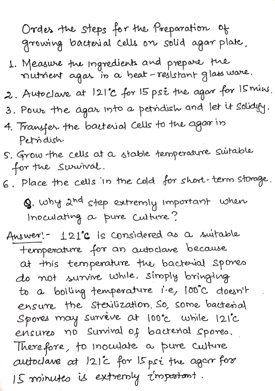 Ordes the steps for the Preparation of growing bacterial cells on solid agar plate, 1. Measure the ingredients and prepare th