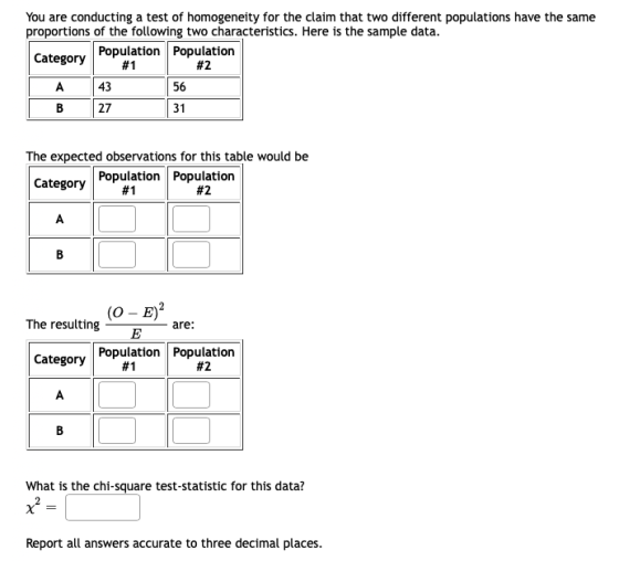 You are conducting a test of homogeneity for the claim that two different populations have the same proportions of the follow