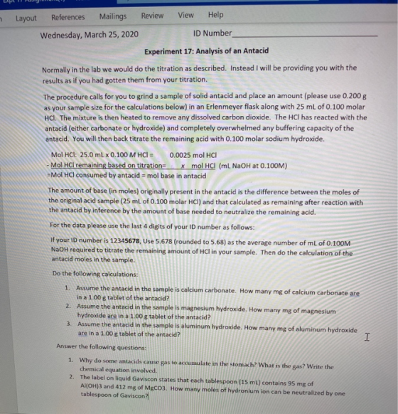 CAMERY Review Layout References Mailings Wednesday, March 25, 2020 View Help ID Number Experiment 17: Analysis of an Antacid