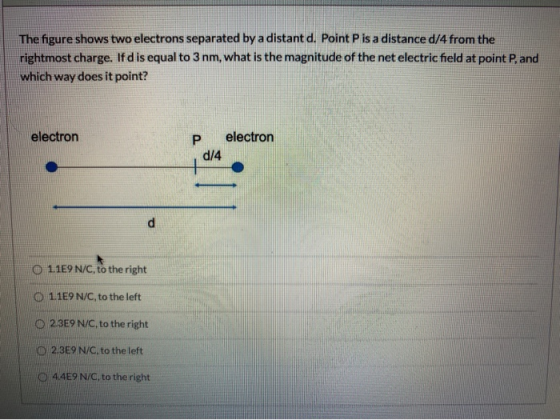 The figure shows two electrons separated by a distant d. Point P is a distance d/4 from the rightmost charge. If d is equal t