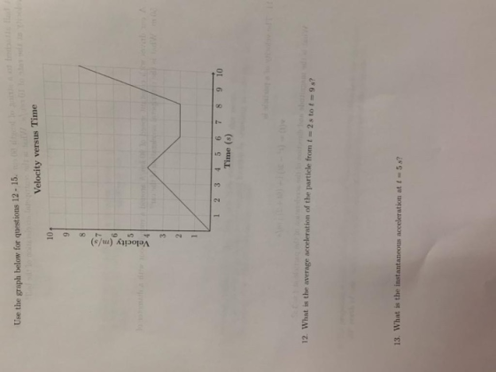 Use the graph below for questions 12- 15. Velocity versus Time 10 1 2 3 45678 9 10 Time (s) 12. What is the average acceleration of the particle from t 2s to t9s? 13, what is the instantaneous acceleration at 5s?