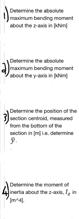 Determine the absolute maximum bending moment about the z-axis in [kNm] Determine the absolute maximum bending moment about t