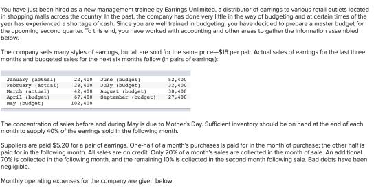 You have just been hired as a new management trainee by Earrings Unlimited, a distributor of earrings to various retail outle