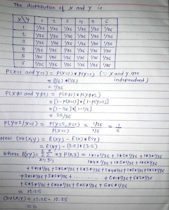 The distsibution o X and y 1s 2 5 independent) 1136 1/6 6 (Xy ) _ (3.5)t(35) ニ lohere 三一12.25 CoyYiy) 12.25-12.25