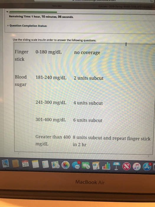 Remaining Time: 1 hour, 10 minutes, 06 seconds. v Question Completion Status Use the sliding scale insulin order to answer th