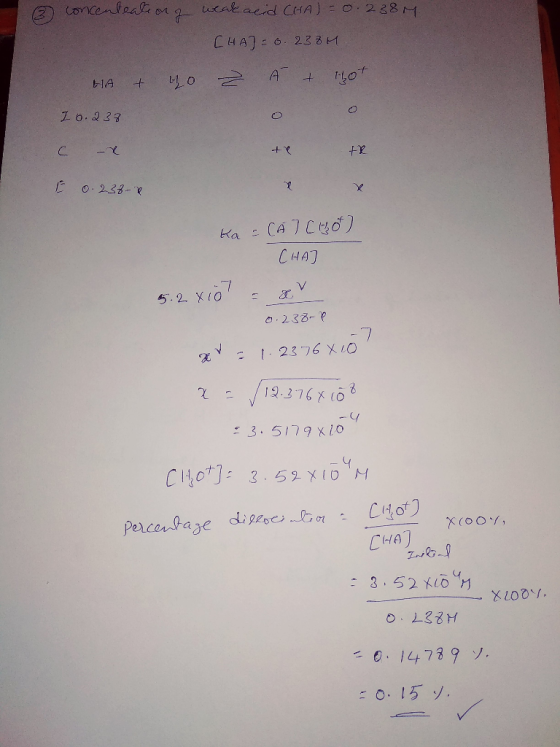 o concenteate on a weak acid CHA)=0.238M. [HA]=o. 2384 HA + 40 2 At hot 1 0.238 C - te E 0.238-0 + +R x Ka = CA 7 Cht) CHAI 5