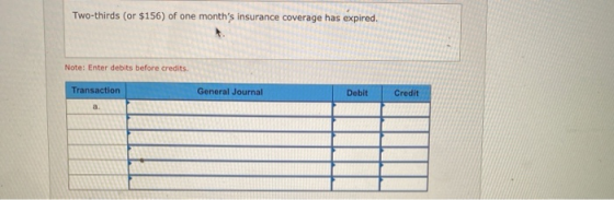 Two-thirds (or $156) of one months insurance coverage has expired. Note: Enter debits before credits Transaction General Jou