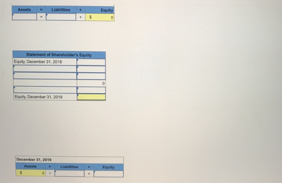 Assets = Liabilities + + Equity 0 $ Statement of Shareholders Equity Equity, December 31, 2018 Equity, December 31, 2019 Dec