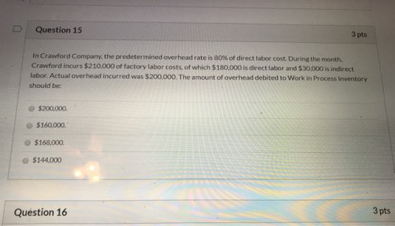 Question 15 3 pts In Crawford Company, the predetermined overhead rate is 80% of direct labor cost. During the month Crawford