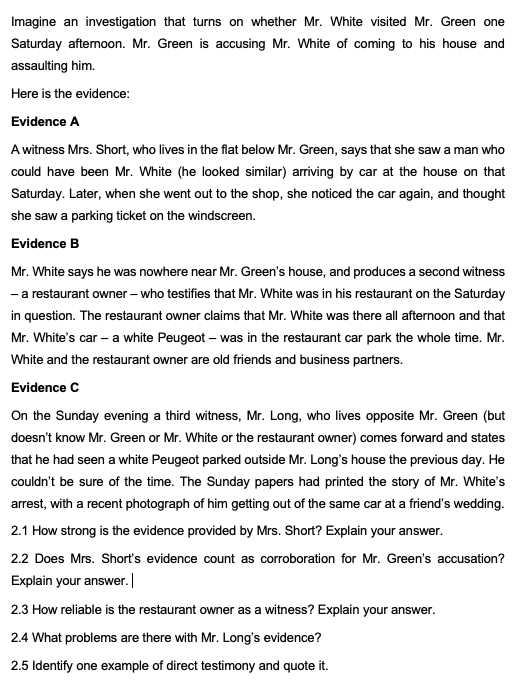 Imagine an investigation that turns on whether Mr. White visited Mr. Green one Saturday afternoon. Mr. Green is accusing Mr.