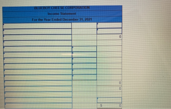 BLUEBOY CHEESE CORPORATION Income Statement For the Year Ended December 31, 2021 0