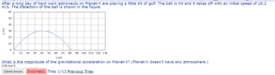 After a long day of hard work astronauts on Planet-X are playing a little bit of golf. The ball is hit and it takes off with an initial speed of 18.2 m/s. The trajectory of the ball is shown in the fiqure 60 50 40 E 30 20 10 0 10 20 30 40 50 60 70 80 90 100 110 120 130 x (m) What is the magnitude of the gravitational acceleration on Planet-X? (Planet-X doesnt have any atmosphere.) 2.90 m/s*2 Submit Answer Incorrect. Tries 1/12 Previous Tries