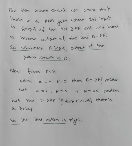 We seen that inverse output of the 2nd D-FF. For this pulser circuit AND gate whose 1st input Qutput of the 1st Dff and and i