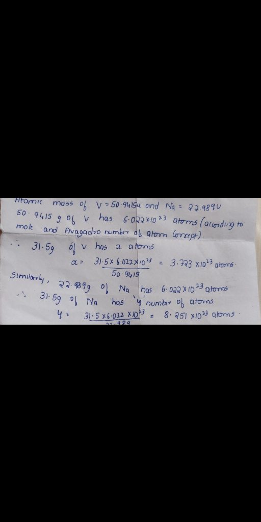 Homil moss of V=50-94154 ond Na - 22.9890 50 9415 9 of u has 6.022x10 23 atoms (according to mole and Avagadro number of arom