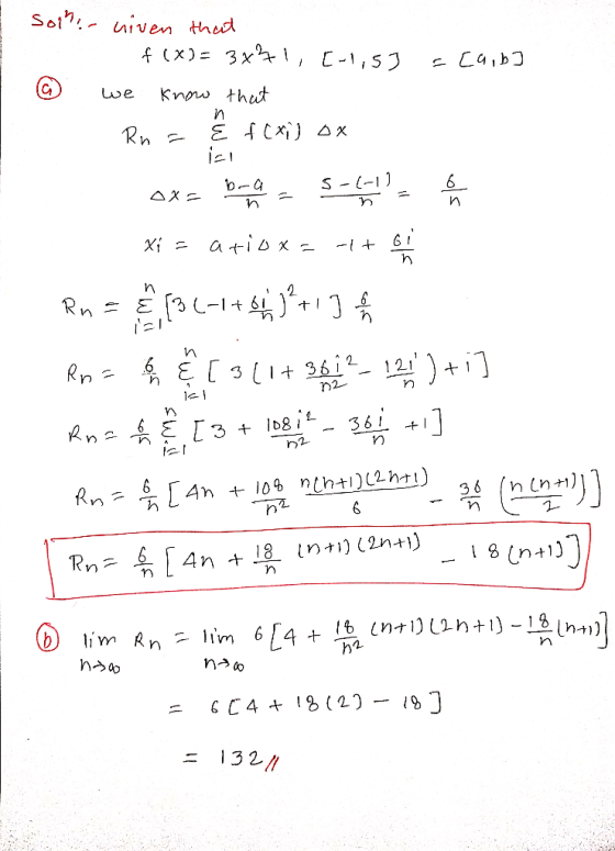 Solher niven that f(x)= 3771, [-1,53 =[a,b] G we Rn. know that n E f (xi) ox il bra 5-(-1) S- ΔΧ: 6 n Xi = atinxe -/+ 61 6 n