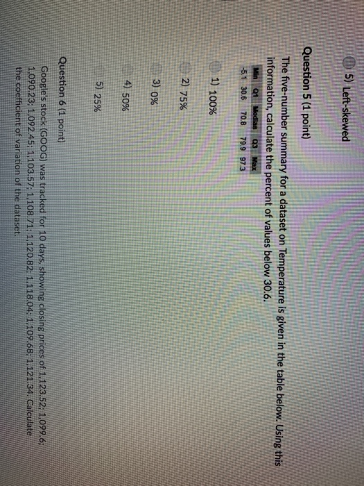 5) Left-skewed Question 5 (1 point) The five-number summary for a dataset on Temperature is given in the table below. Using this information, calculate the percent of values below 30.6. 01 Median Q3 51 306 708 799 973 1) 100% 2) 75% 3) 0% 4) 50% : 5) 25% Question 6 (1 point) Googles stock (GOOG) was tracked for 10 days, showing closing prices of 1123.52: 1o996 1,090.23; 1,092.45 1,103.57; 1.108.7% 1,120.82; 1,11804; 1,109.68; 1,121.34. Calculate the coefficient of variation of the datas