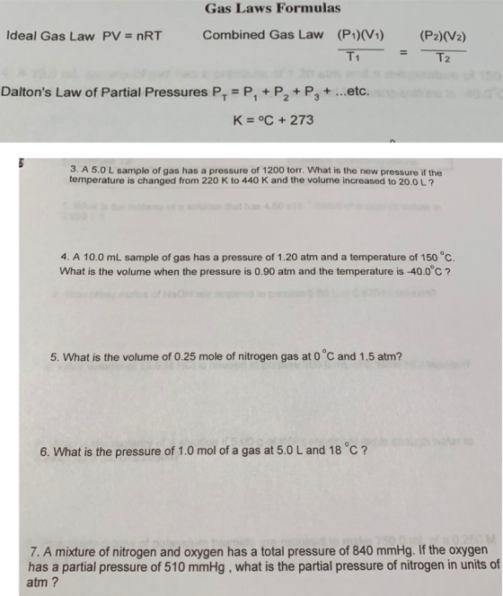 Ideal Gas Law PV = nRT Gas Laws Formulas Combined Gas Law (P1)(V1) Ti (P2)(V2) Tz = Daltons Law of Partial Pressures P = P,