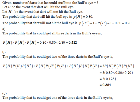 Given, number of darts that he could stuff into the Bulls eye 3. Let H be the event that dart will hit the Bull eye. Let H be the event that dart will not hit the Bull eye. The probability that dart will hit the bull eye is p(H) 0.80. The probability that dart will not hit the bull eye is p(H)-1-P(H)-1-0.80-0.20 a) The probability that he could get all three darts in the Bulls eye is, P(H)xP(H)xP(H) 0.80x0.80x0.80 0.512 b) The probability that he could get two of the three darts in the Bulls eye is, 3(0.80x 0.80x0.20) -3(0.128) 0.384 The probability that he could get one of the three darts in the Bulls eye is,