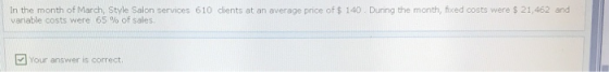In the month of March, Style Salon services 610 dients at an average price of $ 140 Duning the month, fixed costs were $ 21,4