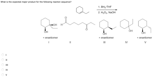 What is the expected major product for the following reaction sequence? 1. BHz.THF 2. H2O2, NaOH gelinaa OH H OH OH OH + enan