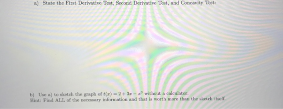 a) State the First Derivative Test, Second Derivative Test, and Concavity Test: b) Use a) to sketch the graph of t(x) = 2 + 3