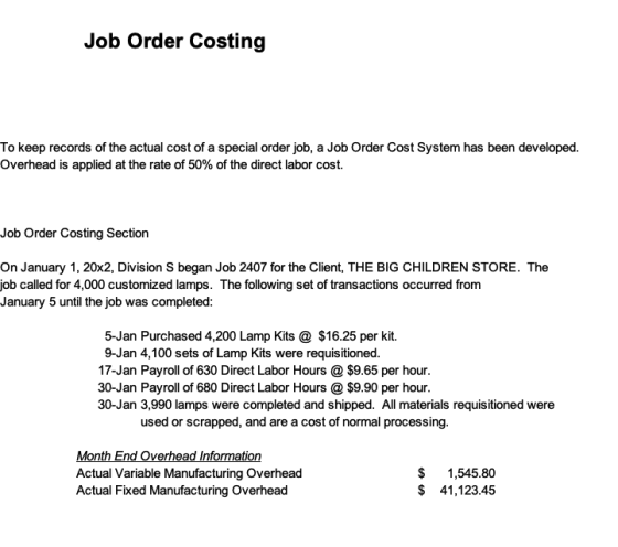 Job Order Costing To keep records of the actual cost of a special order job, a Job Order Cost System has been developed. Over