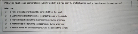 What would have been an appropriate conclusion if Gorbsky et al had seen the photobleached mark to move towards the centrosom