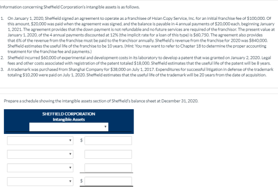 Information concerning Sheffield Corporations intangible assets is as follows. 1. On January 1, 2020, Sheffield signed an ag