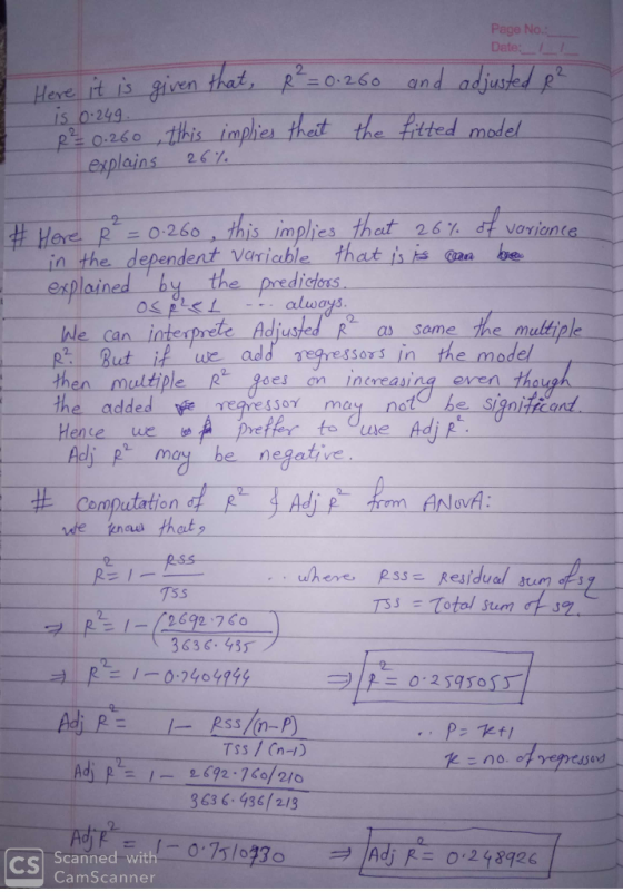 Page No. Date: Hexe it is giren that, R-0.260 and adjustd p is 0 249 p 0.260 this imphies theit the fritted model Lexplains 2