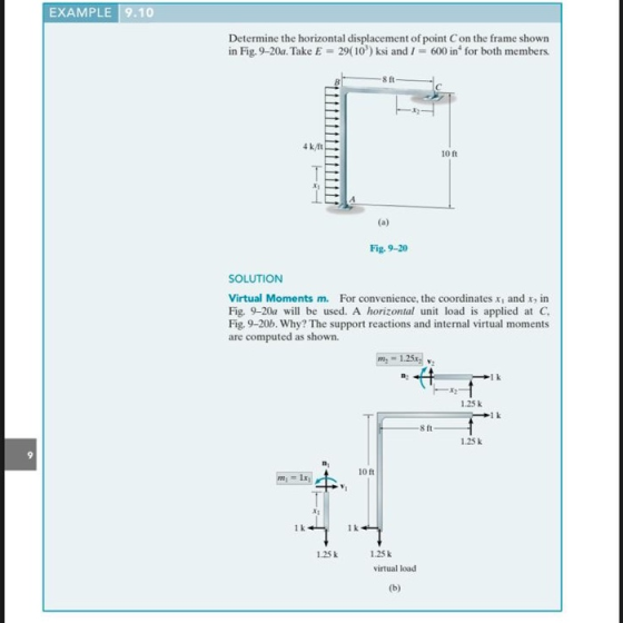 EXAMPLE 9.10 Determine the horizontal displacement of point on the frame shown in Fig. 9-20. Take E = 29(10) ksi and I = 600