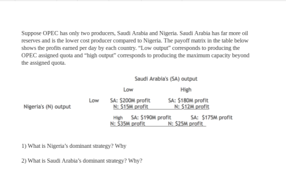 Suppose OPEC has only two producers, Saudi Arabia and Nigeria. Saudi Arabia has far more oil reserves and is the lower cost p