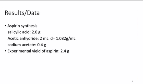 Results/Data • Aspirin synthesis salicylic acid: 2.0 g Acetic anhydride: 2 mL d= 1.082g/mL sodium acetate: 0.4 g • Experiment