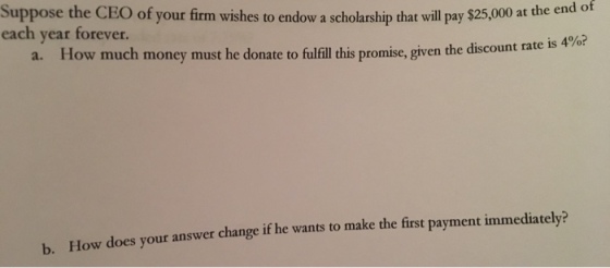 Suppose the CEO of your firm wishes to endow a scholarship that will pay $25,000 at the end of each year forever. a. How much money must he donate to fulfill this promise, given the discount rate is %? b. How does your answer change if he wants to make the first payment immediately?