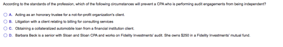 According to the standards of the profession, which of the following circumstances will prevent a CPA who is performing audit