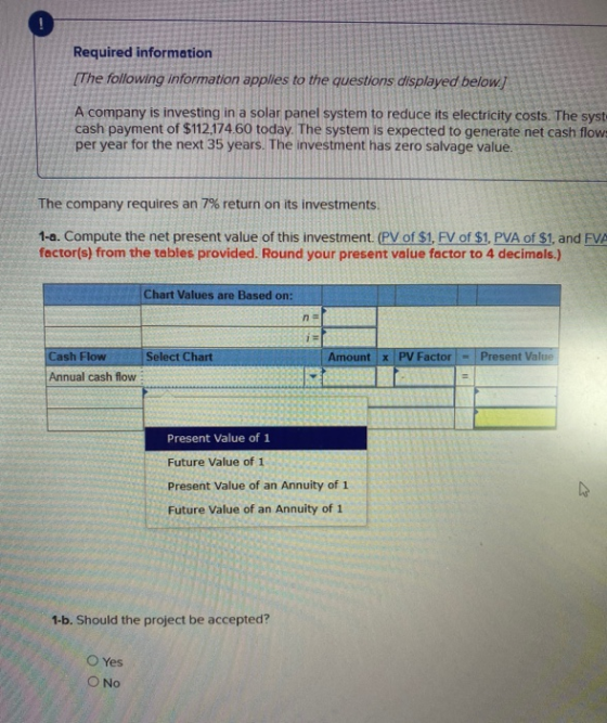 Required information (The following information applies to the questions displayed below! A company is investing in a solar p