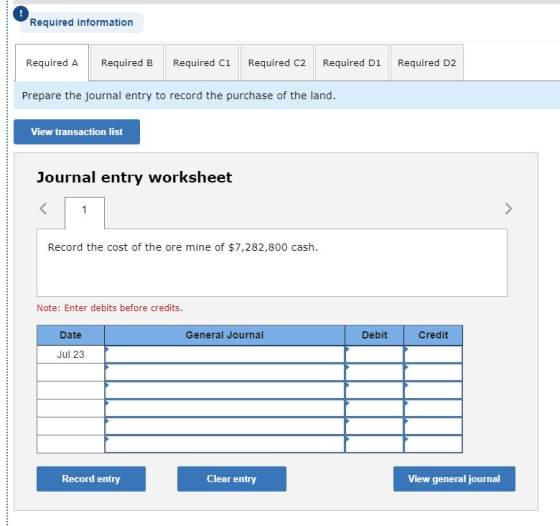 Required information Required A Required B Required Ci Required C2 Required Di Required D2 Prepare the journal entry to recor