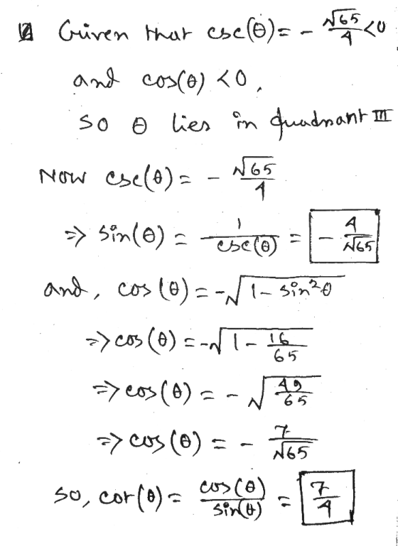 N65 1 11 Güven that ese(8)= - Nosso and cos(0) 10. so o lies in quadrant in Now ese(a) = >> Sin(e) abelo and cos (0)=-1-sino