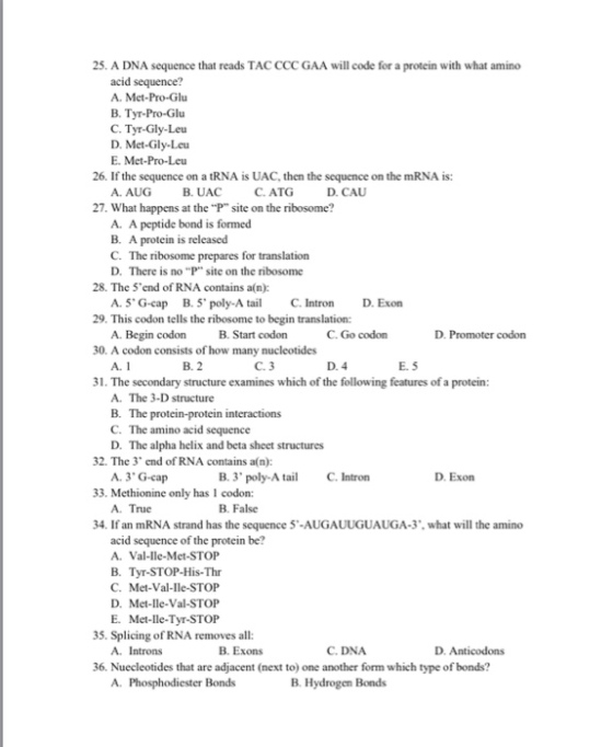 A DNA sequence that reads TAC CCC GAA will code fo