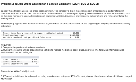Problem 2-18 Job-Order Costing for a Service Company (LO2-1, LO2-2, LO2-3] Speedy Auto Repairs uses a job-order costing syste