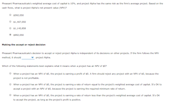 Pheasant Pharmaceuticalss weighted average cost of capital is 10%, and project Alpha has the same risk as the firms average