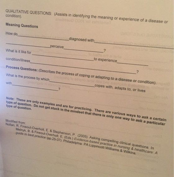 QUALITATIVE QUESTIONS. (Assists in identifying the meaning or experience of a disease or condition). Meaning Questions How do